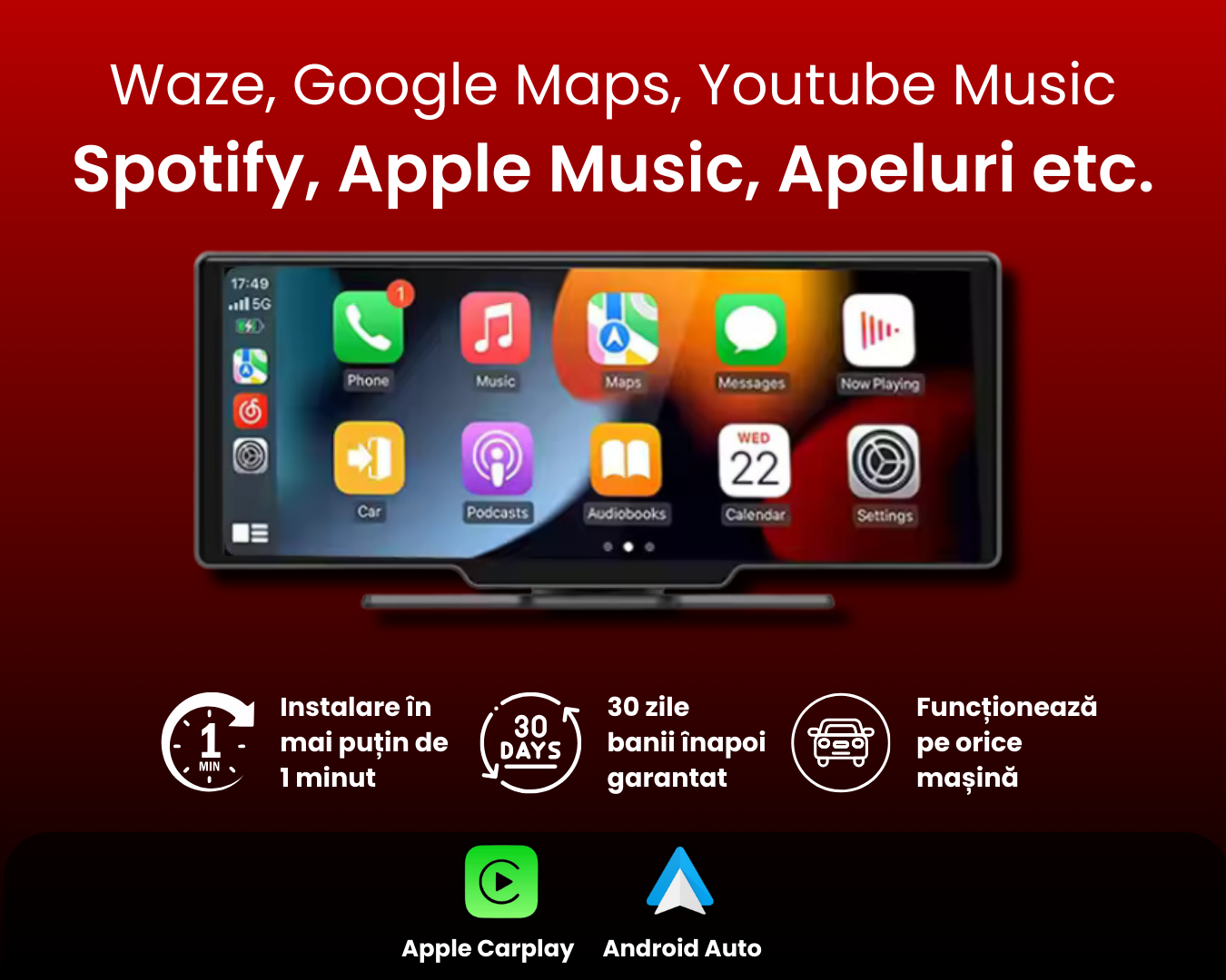 Tabletă Carplay/Android Auto pentru orice mașină